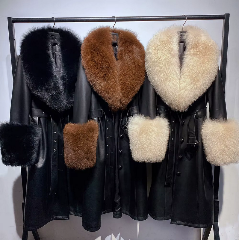 Long style sheepskin leather jacket fox fur collar winter coat real fur trim women warm jacke t