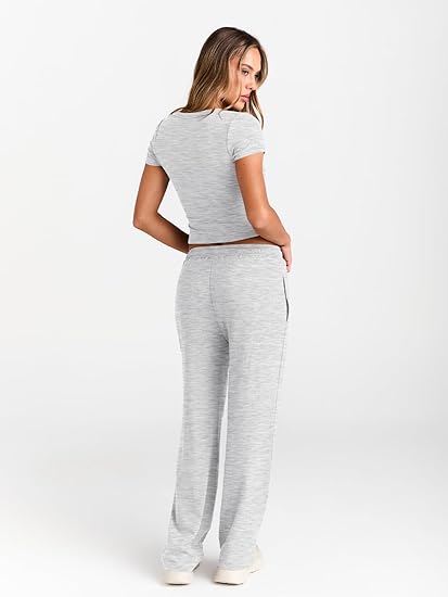 Trendy Queen 2 Piece Matching Summer Sweatsuit Lounge Set Womens Wide Leg Pants Side Ruching Crop Top Sets