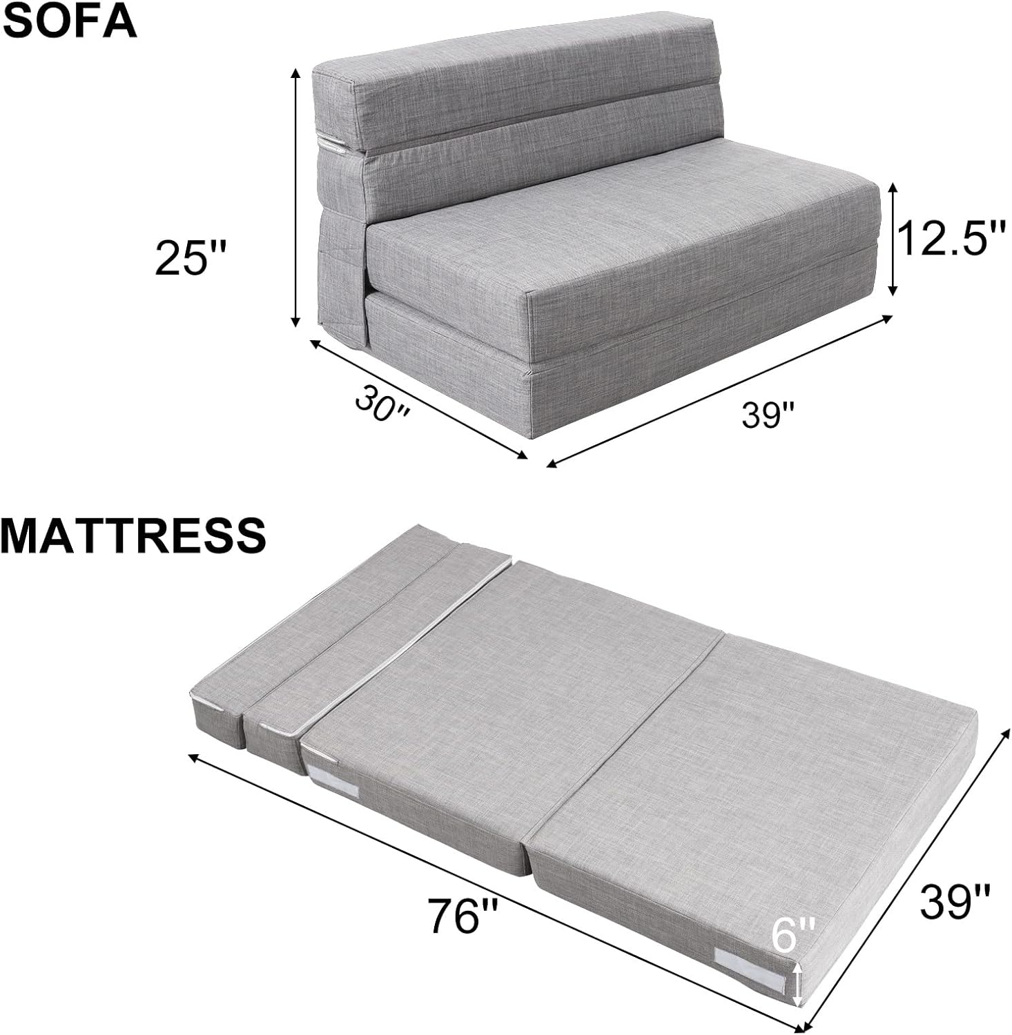ANONER Folding Sleeper Chair Sofa Bed Lazy Couch with Pillow, Twin Size, Light Gray